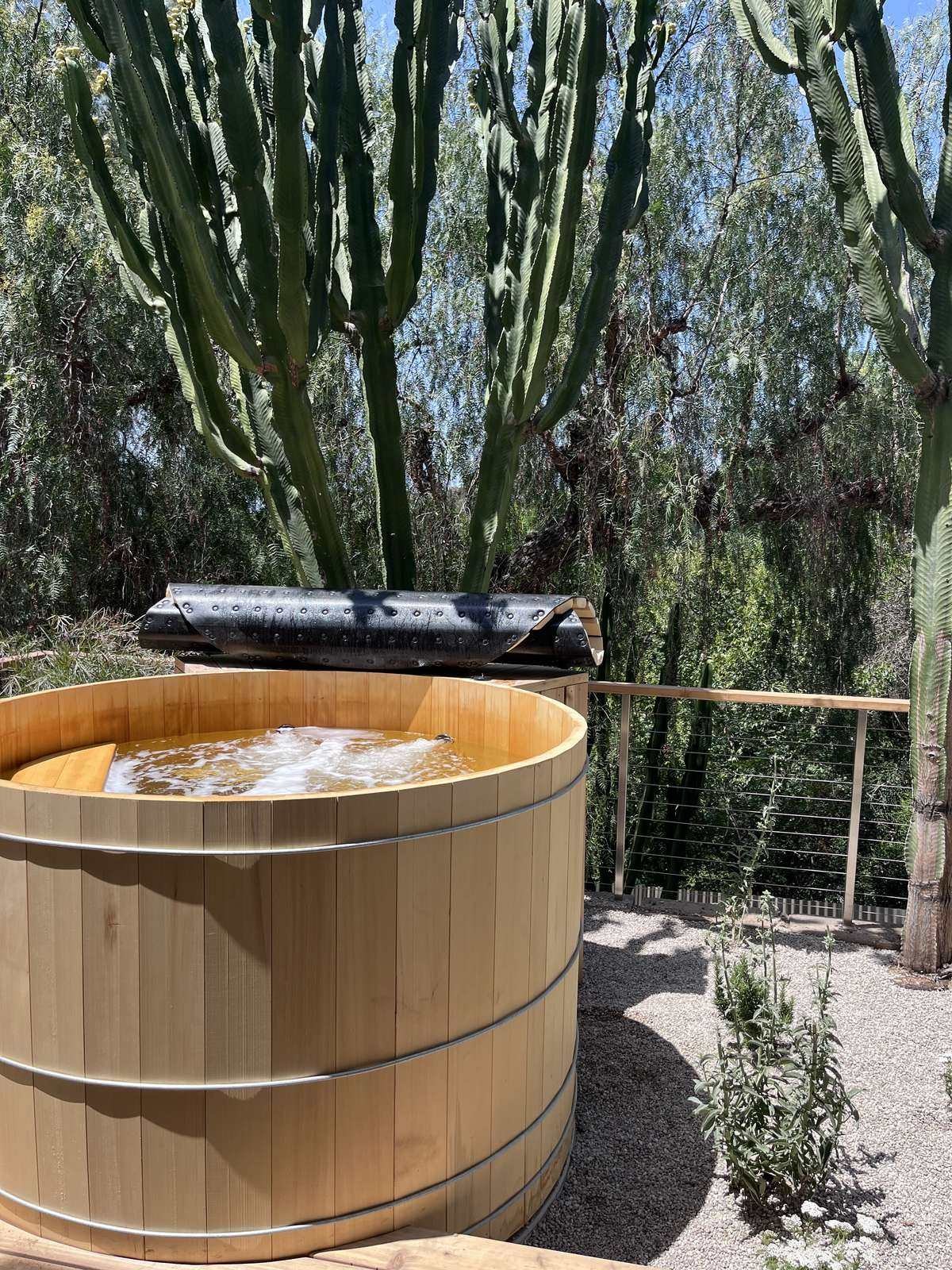 Covered cedar tub among the oaks in Thousand Oaks