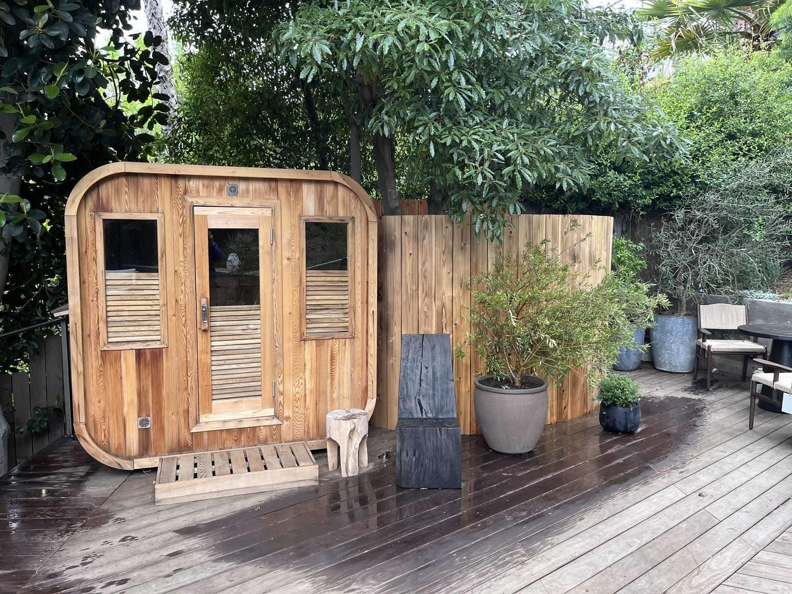 Barrel on a raised garden deck in Westbrae